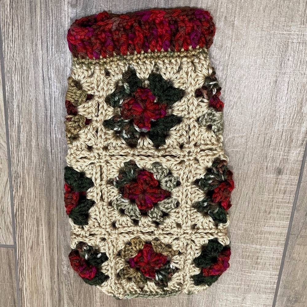 Dog Sweater XS Tan Red Green Crochet Handmade Granny Yorki, Chihuahua, Teacup